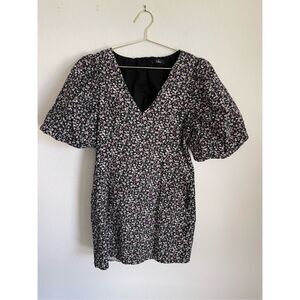 LULU'S Keep It Sunny Black Floral Print Puff Sleeve Mini Bodycon Dress Size L